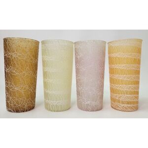4 Vtg MCM Spaghetti String Shat-R-Pruf Tumblers Glasses Orange Purple Brown 6.25
